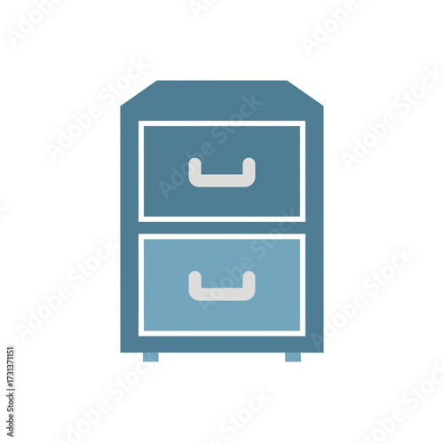 A blue two-drawer filing cabinet with white handles on a white background.