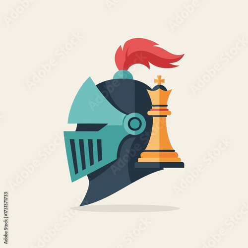 Knight helmet with chess queen on light background.