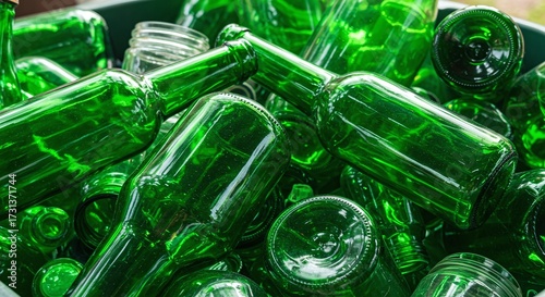 A pile of empty green glass bottles collected for recycling, ready for processing.