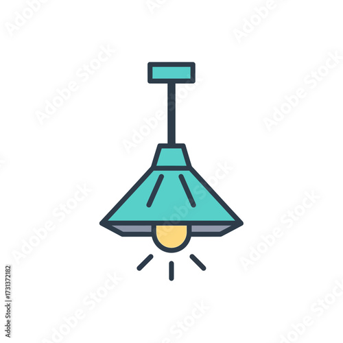 A teal pendant light fixture with a glowing bulb.