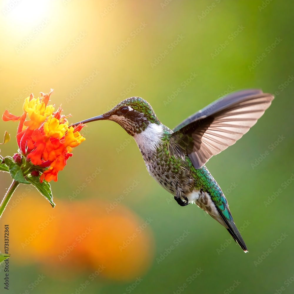 Fototapeta premium Hummingbird in flight, feeding from a vibrant orange flower, sunlit background