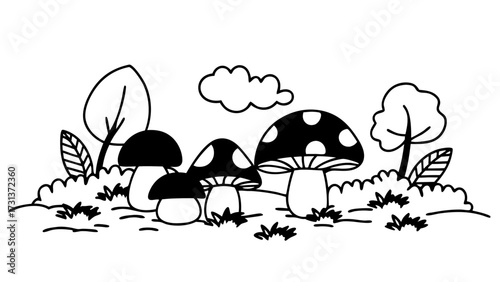 Illustration of a mushroom patch with trees and a cloud in black and white outline style drawing artful design created with generated ai 