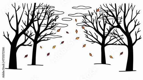 Illustration of bare trees with falling leaves and clouds in a whimsical autumn scene drawing style created with generated ai 