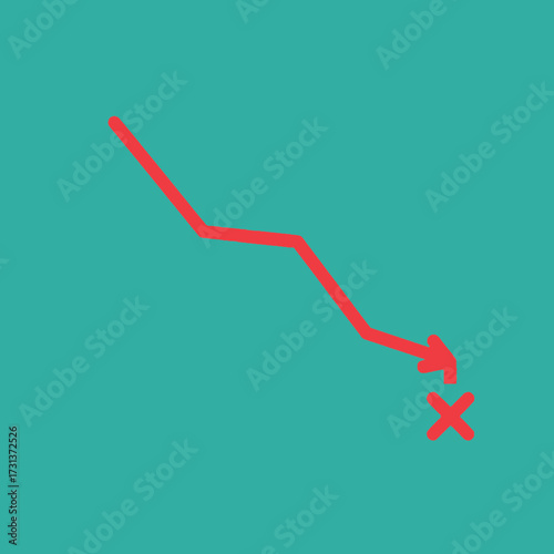 Red line graph shows a downward trend on teal background.