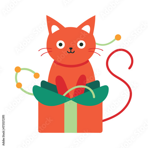 Cute Cat Tangled in Tinsel Inside Gift Box Vector Illustration