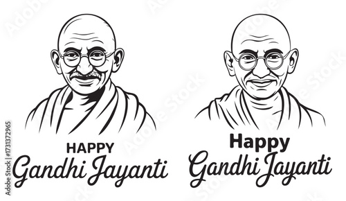 Two black and white illustrations of Mahatma Gandhi with the text "Happy Gandhi Jayanti" below each portrait.