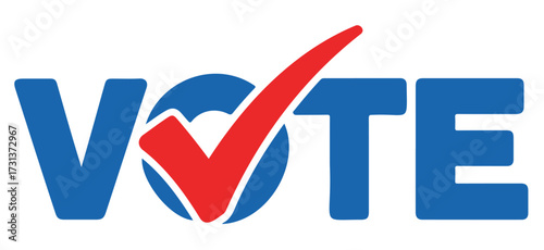 Stylized blue 'VOTE' wordmark featuring a prominent red checkmark within a blue circle, symbolizing election participation.