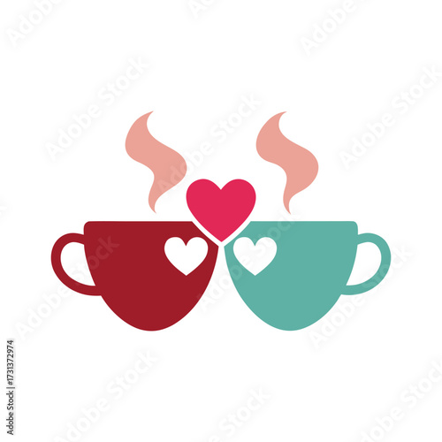 Two steaming coffee cups with hearts and steam mugs
