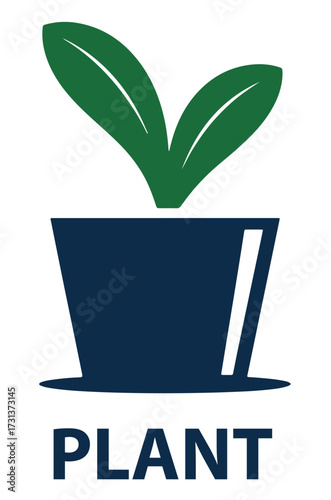 A simple graphic logo of a green sprout with two leaves in a dark blue pot, with the word PLANT underneath.