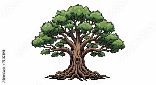Majestic Ancient Oak Tree with Gnarled Roots and Lush Green Canopy, Symbolizing Strength and Longevity in Nature