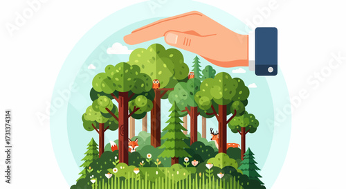 Protecting the Environment A Hand Shielding a Forest, Nature Conservation Concept