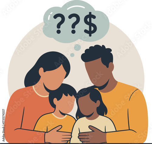 The impact of a recession on family finances, a flat vector illustration of a worried couple with children thinking about their uncertain economic future