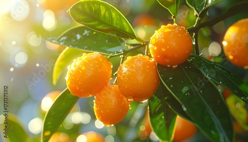 Fototapeta Naklejka Na Ścianę i Meble -  Sunlit citrus fruits on a branch, glistening with water droplets