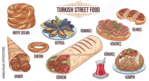 Hand-drawn illustration of a traditional Turkish meze appetizer platter with raki