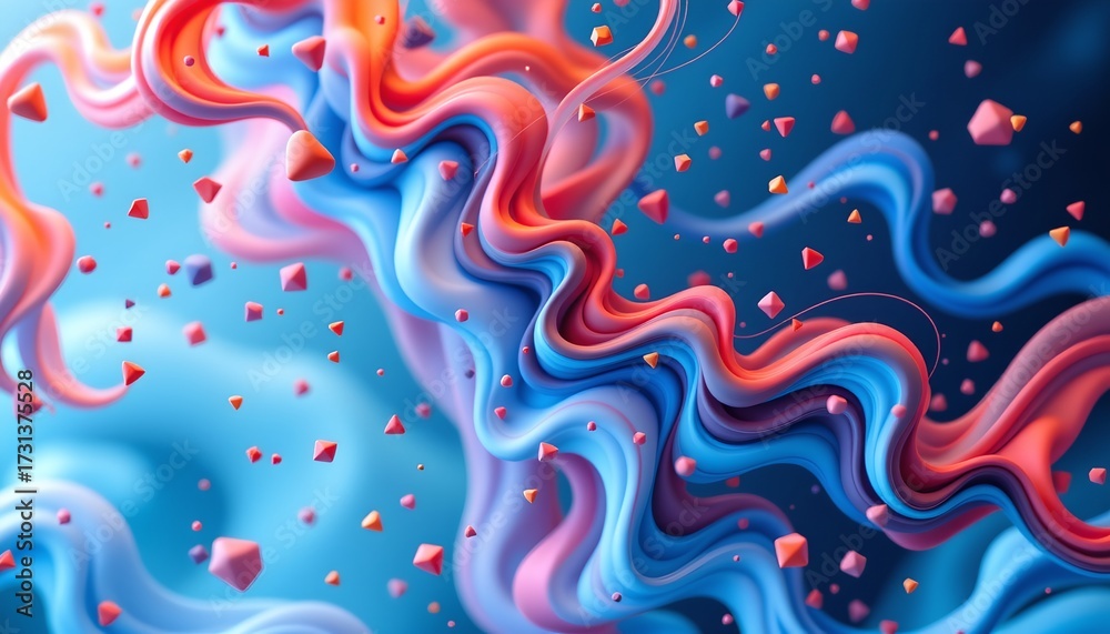 Obraz premium A vibrant and dynamic abstract art piece with flowing swirls in shades of blue, pink, red, and white. The background is an icy blue, creating a cool contrast to the warm colors of the swirls