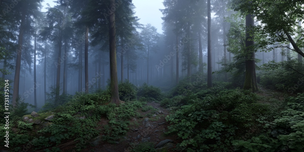 Fototapeta premium Misty forest panorama nature landscape hdr environment scenic view