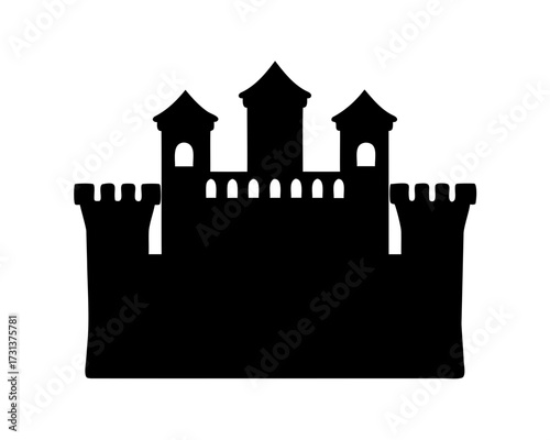Black silhouette illustration of a medieval castle with three towers and battlements