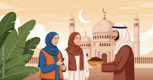 Ramadan celebration with dates and mosque background
