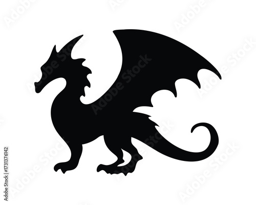 Black dragon silhouette with wings, standing on a white background, design element