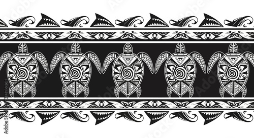 Seamless Polynesian border with tribal turtles and waves. Vector ethnic ornament