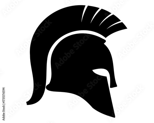 Stylized depiction of a black Spartan helmet against a white background