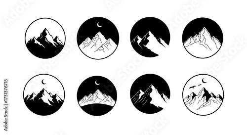 Eight Mountain Range Vector Logos - Minimalist Nature Peaks and Moon Icons Set