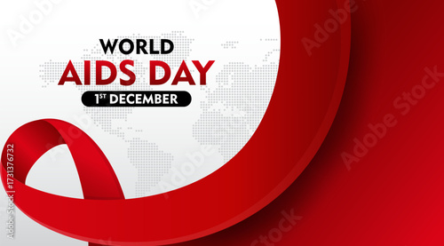 World AIDS Day awareness month. December 1. With world map silhouette and ribbon. Template for Poster, Banner, Flyer, Post, Card, Cover. HIV AIDS prevention design