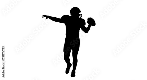 Silhouette of an American football quarterback throwing a pass against a white background
