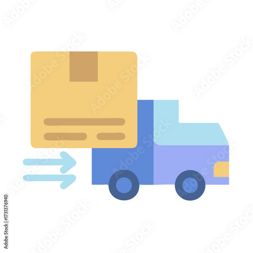 Delivery truck transporting package with directional arrows flat illustration