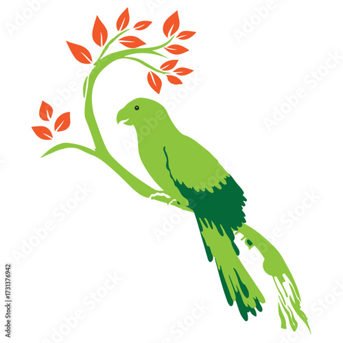 bird on tree, parrot on tree, tree, green, red tree, red leaves 