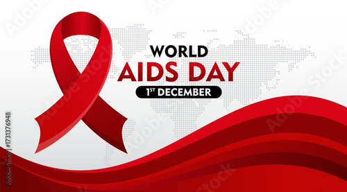 World AIDS Day awareness month. December 1. With world map silhouette and ribbon. Template for Poster, Banner, Flyer, Post, Card, Cover. HIV AIDS prevention design