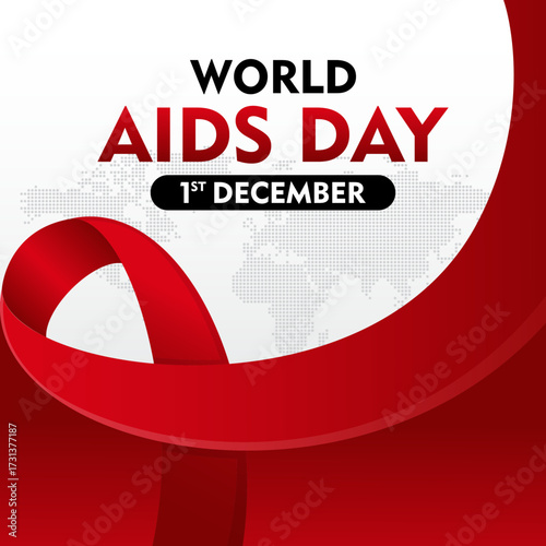 World AIDS Day awareness month. December 1. With world map silhouette and ribbon. Template for Poster, Banner, Flyer, Post, Card, Cover. HIV AIDS prevention design