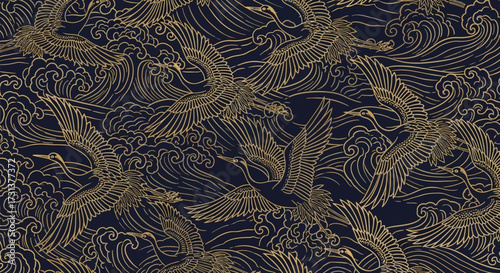 Golden Cranes Flying Over Rippling Waves - Asian Inspired Pattern