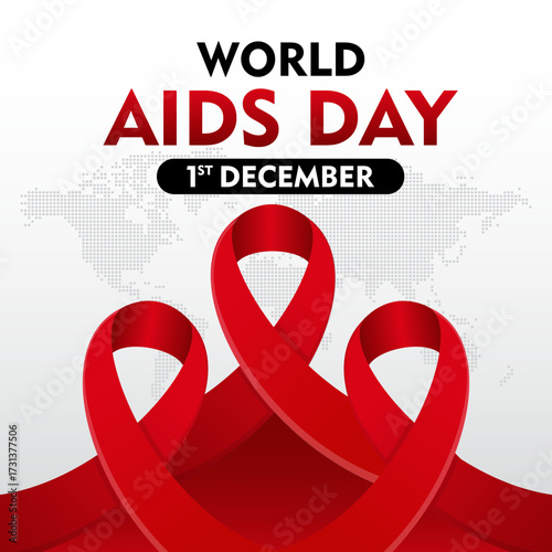 World AIDS Day awareness month. December 1. With world map silhouette and ribbon. Template for Poster, Banner, Flyer, Post, Card, Cover. HIV AIDS prevention design
