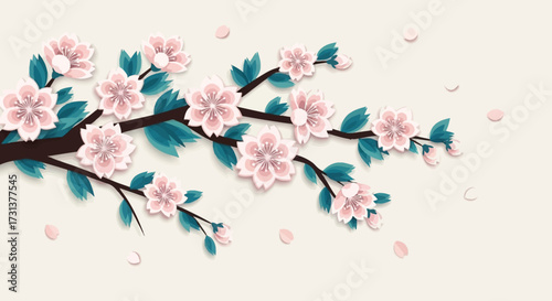 Blossoming Cherry Branch with Falling Petals