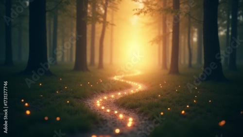 Illuminated Path to Glowing Destination with Self-Care Orbs in Misty Forest