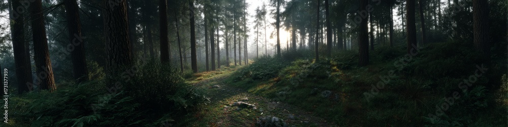 Fototapeta premium Serene hdr panoramic forest path at dawn nature tranquil environment perspective