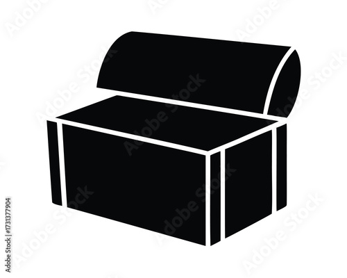 Solid black treasure chest, open, antique storage container with rounded top