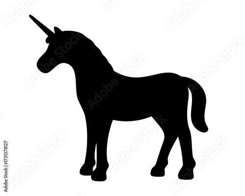 Black silhouette of a unicorn standing on a white background illustration