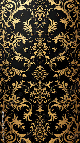 A detailed close up of a black background with an intricate gold floral damask pattern design element