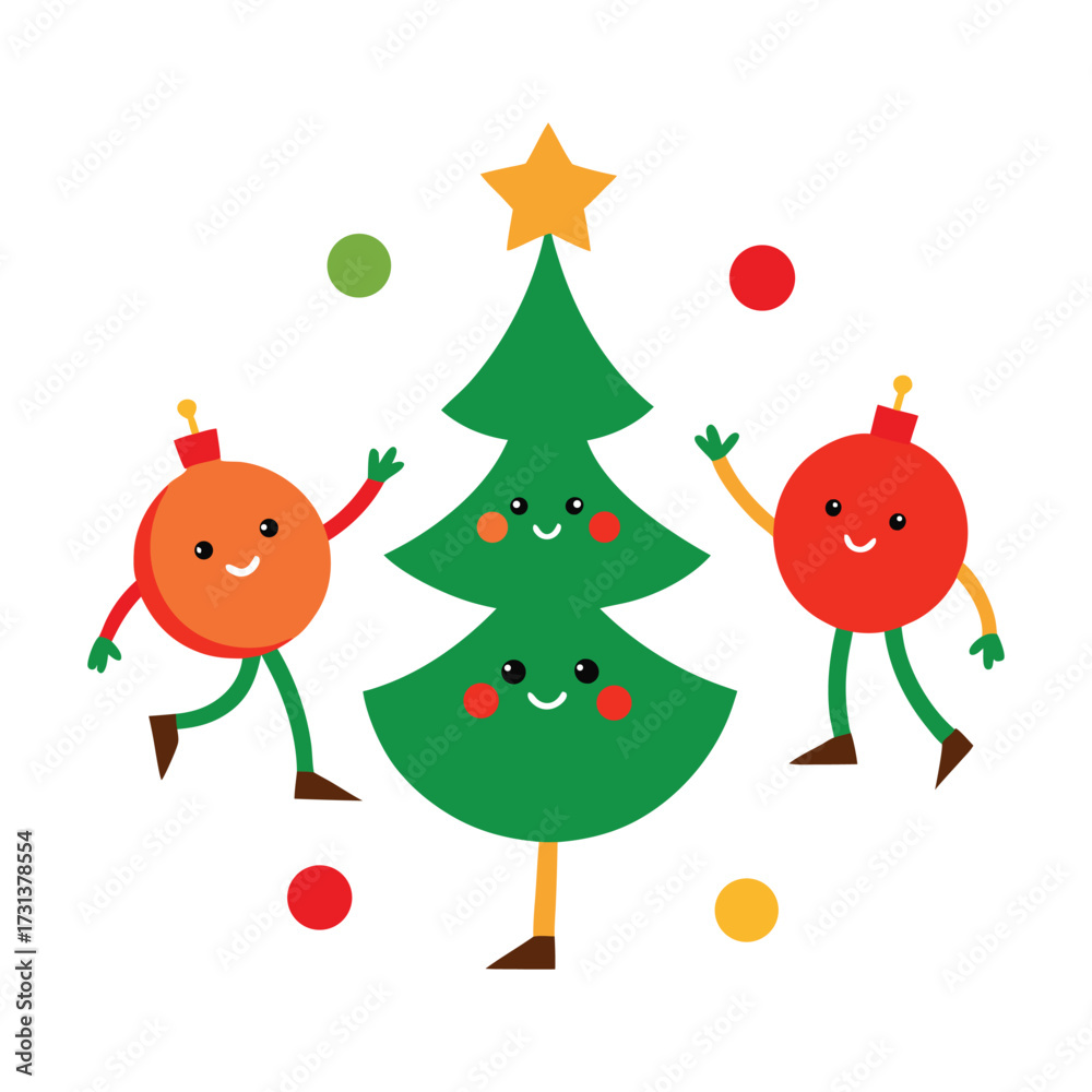Naklejka premium Dancing Christmas Ornament Characters Around Tree Vector Illustration