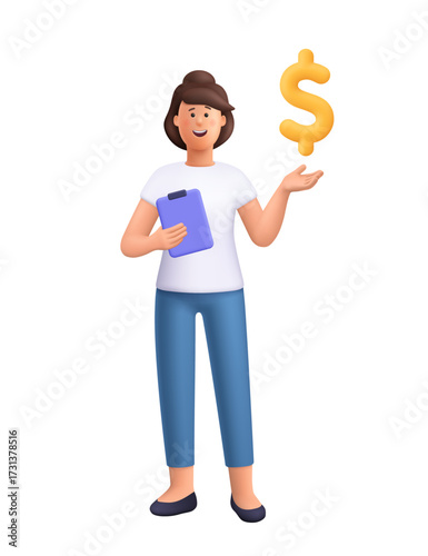 Young smiling woman Jane holding clipboard and golden dollar symbol. Financial services, banking, money management, savings and investment concept. 3d vector people character. Cartoon minimal style.