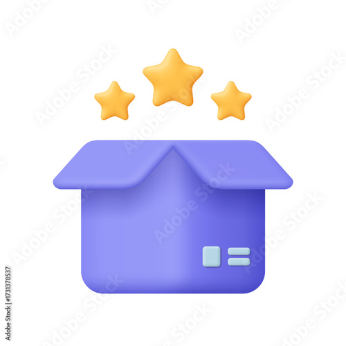 Purple open cardboard package box with three golden stars. Premium delivery, shipping, high quality, best service, feedback and rating concept. 3d vector icon. Cartoon minimal style.