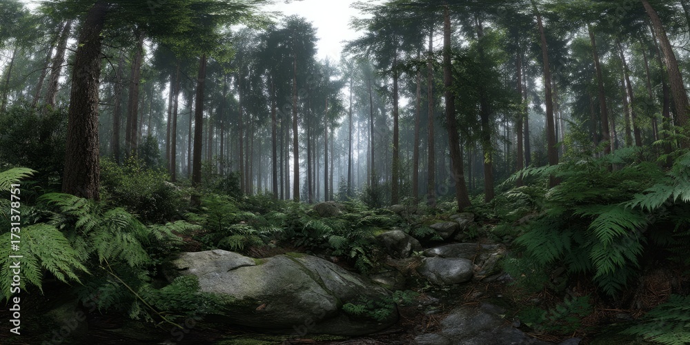 Fototapeta premium Misty forest hdr panorama lush nature scene serene environment tranquil viewpoint