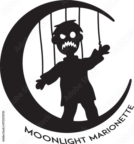 Spooky Moonlight Puppet: Black White Halloween Marionette Silhouette Icon and shirt Design.