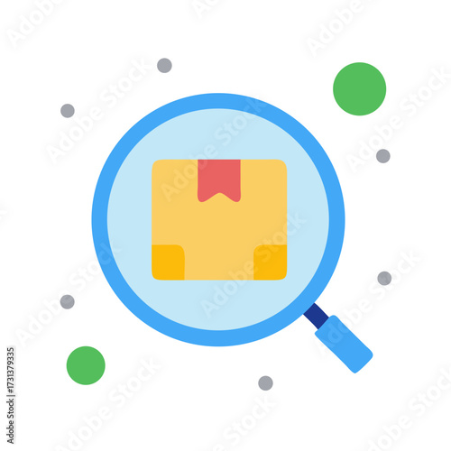 Magnifying glass focusing on shipping box in flat style