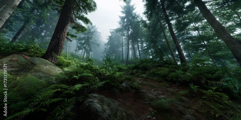 Fototapeta premium Misty forest landscape nature scene hdr panoramic view lush environment