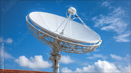 A large white satellite dish antenna pointed upwards against a vibrant blue sky with scattered white clouds