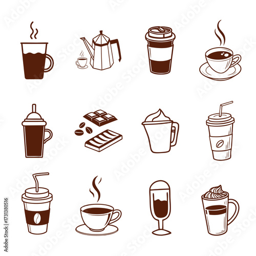 Coffee and Chocolate Hot Beverage Drink Symbols and Silhouettes