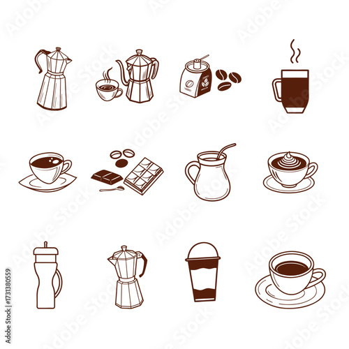 Coffee and Chocolate Hot Beverage Drink Symbols and Silhouettes